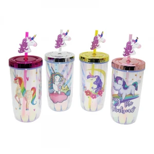 KRD HOME-23020 ( RENKLİ KAPAKLI ) ÇİFT CİDARLI & UNİCORN DESENLİ & PİPETLİ PLASTİK BARDAK*60