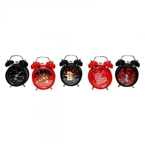 TWIN BELL CLKN-1786 ( YUVARLAK ) ( RESİMLİ ) ( SİYAH & KIRMIZI KASA ) ( IŞIKLI ) MASA ÇALAR SAAT*60