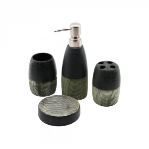 YAKUT-11688 (4 PCS) (SİYAH & KREM) SERAMİK BANYO TEMİZLİK SETİ (SIVI & KATI SABUNLUK & DİŞ FIRÇALIK & MACUNLUK)*12